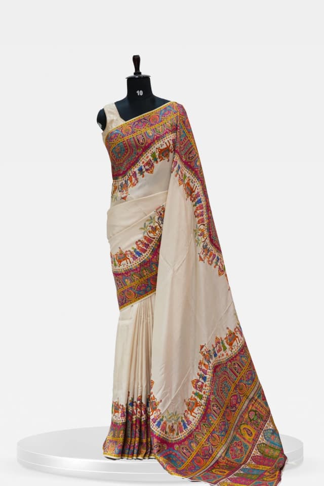 Madhubani Banarasi Ivory Silk Saree with Multicolor Inspired Border QS245009