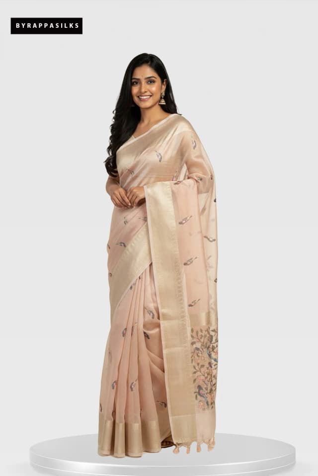Organza saree Bird Motif Beige Colour QS280213