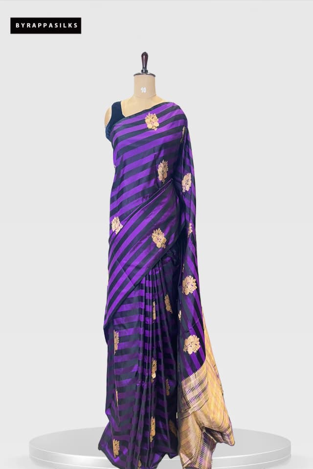 Pure Satin Banarasi Regal Purple & Black Striped Saree QS279681