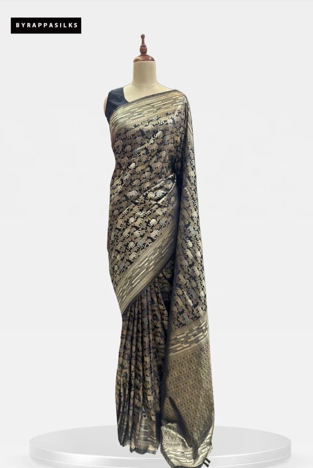 Fancy Banarasi Saree Black Elephant Motif QS266581