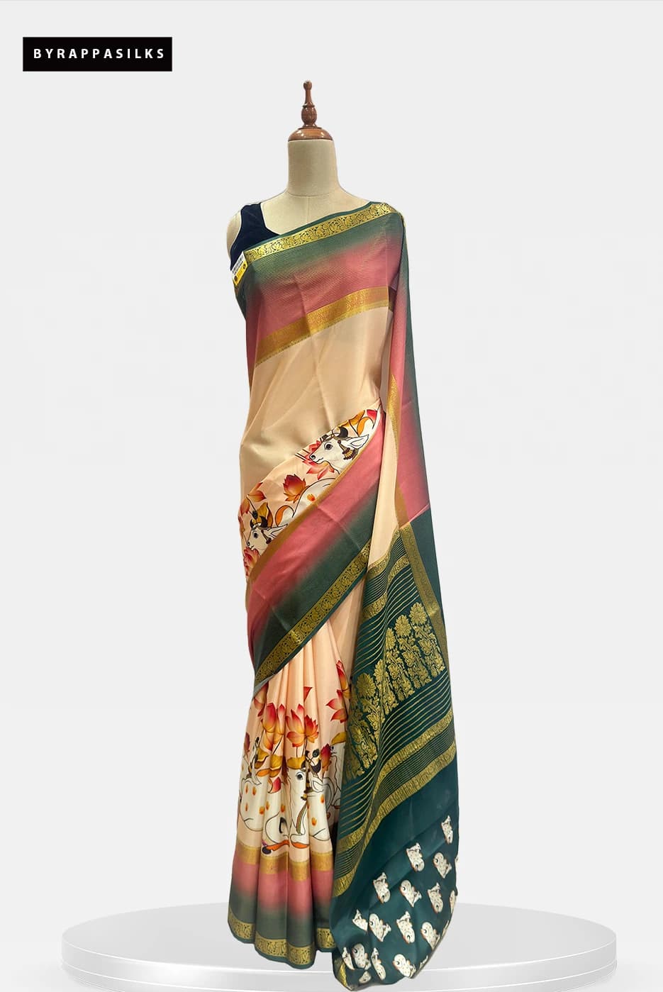 Mysore Silk Pure Crape Saree Cream & Green pichwai Print QS290887