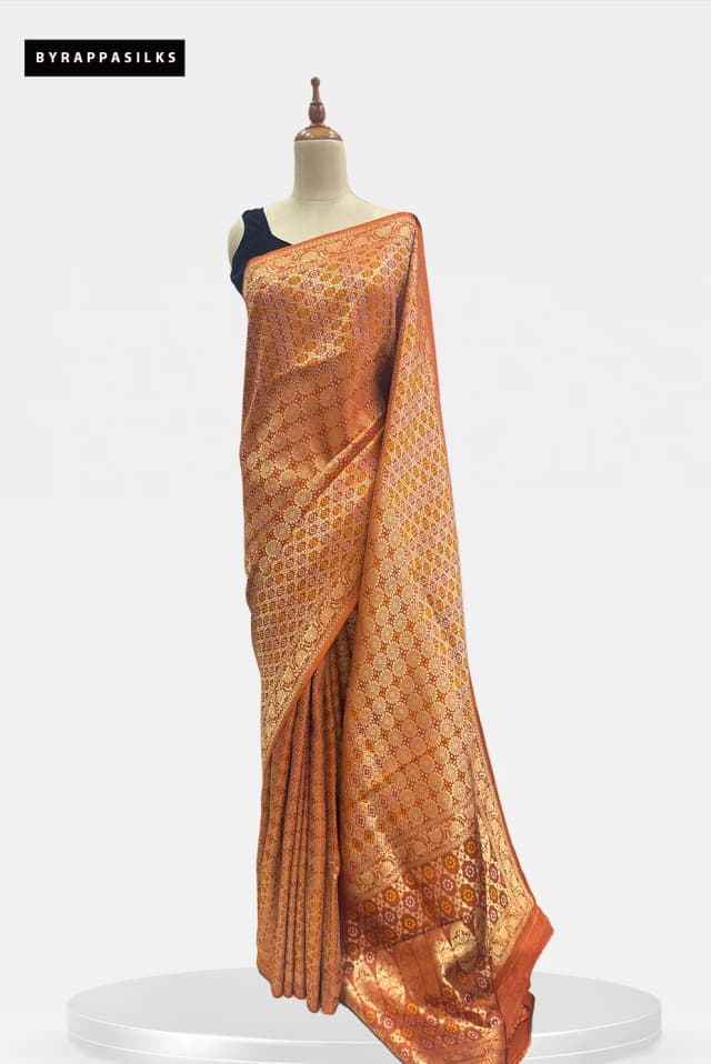 Banarasi Saree Intricate Gold Zari Jaal & Meenakari Accents Rust Orange QS293482