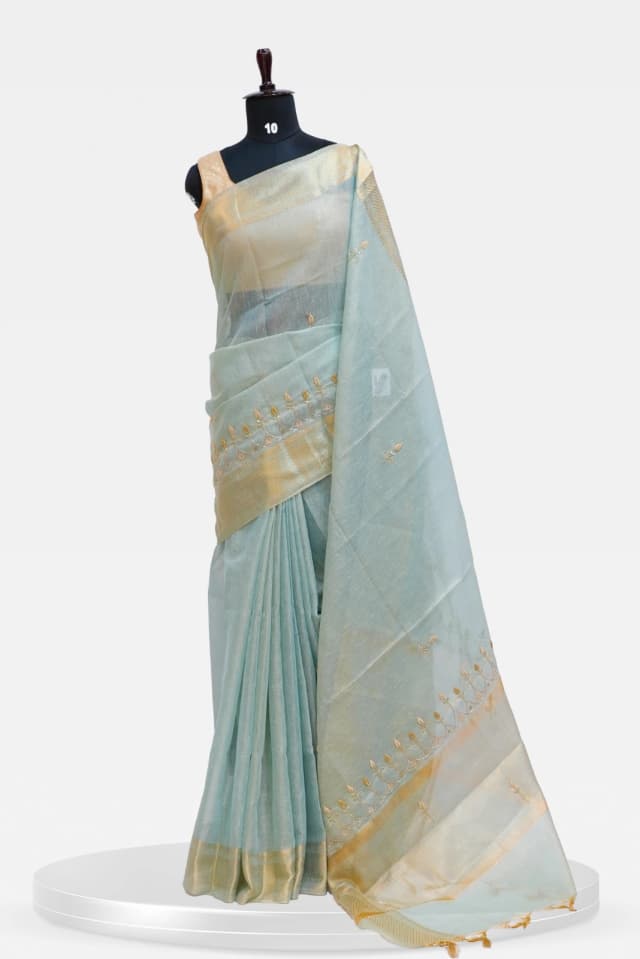 Fancy Sky Blue Linen Silk Saree with Golden Zari Border  QS239312
