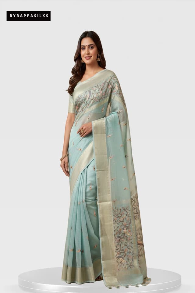 Organza saree Bird Motif Mint Green Colour QS280213