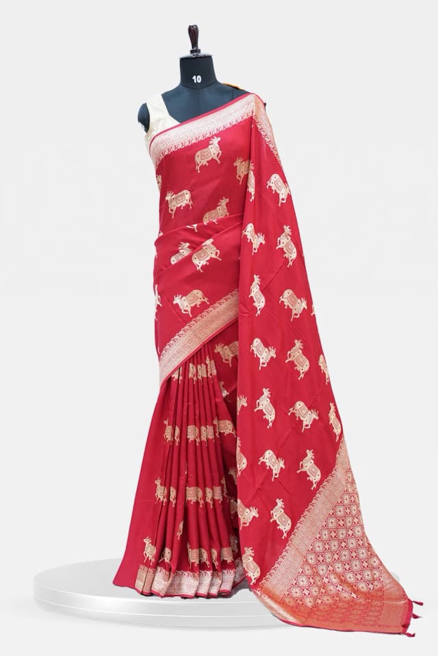 Dola Pichwai Cow Motif Red Silk Saree QS248128