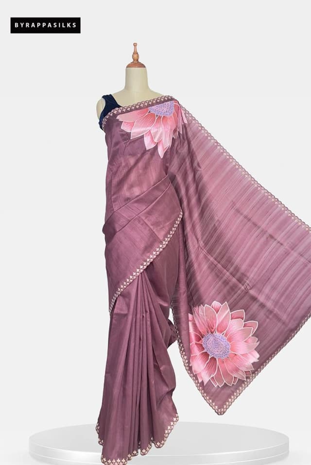 Semi Tussar Saree With Lotus Print Mauve Brown Colour  QS286173