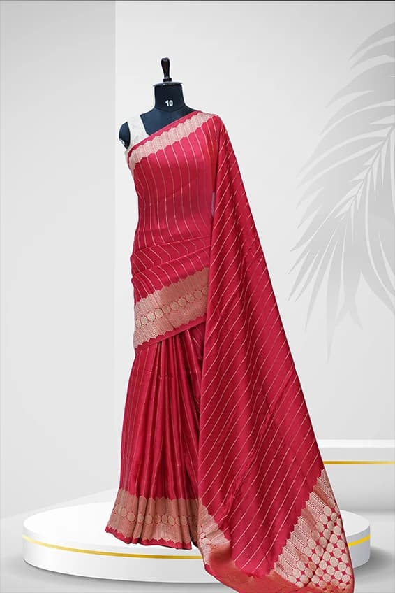 Satin Saree Modern Gold Zari Stripes And Geometric Pallu With Red QS236753