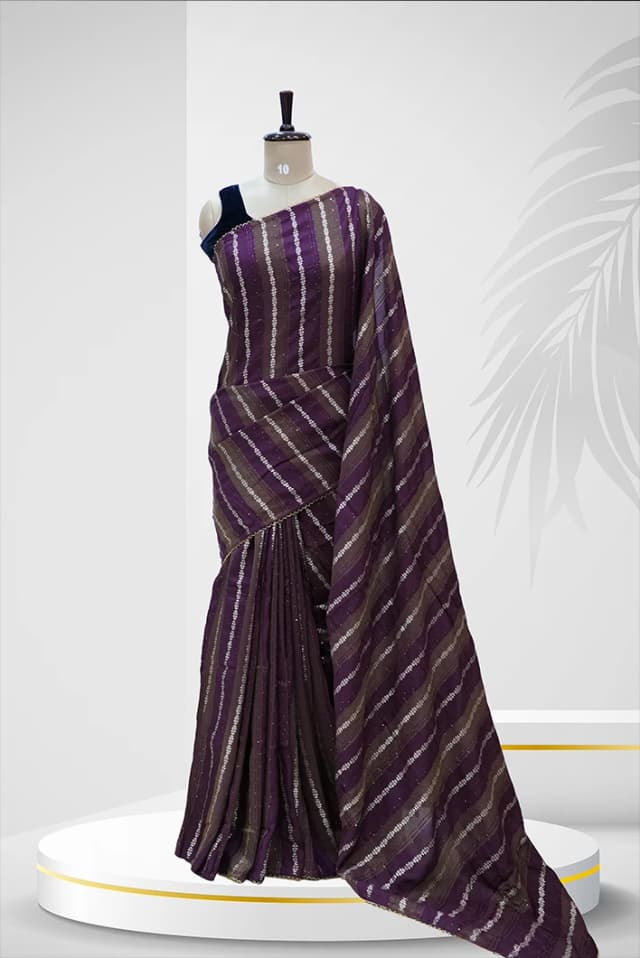 Bandhani Saree Deep Plum  With Golden And White Diagonal Tie-Dye Stripes QS236877