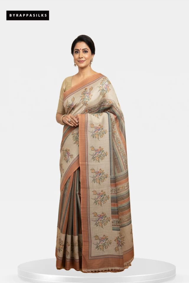 Tussar saree Horizontal Stripes Cream & Rust Border QS280051