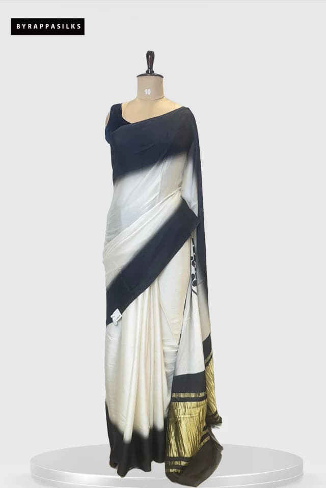 Modal Saree Black & White Bold Leafy Print QS264143