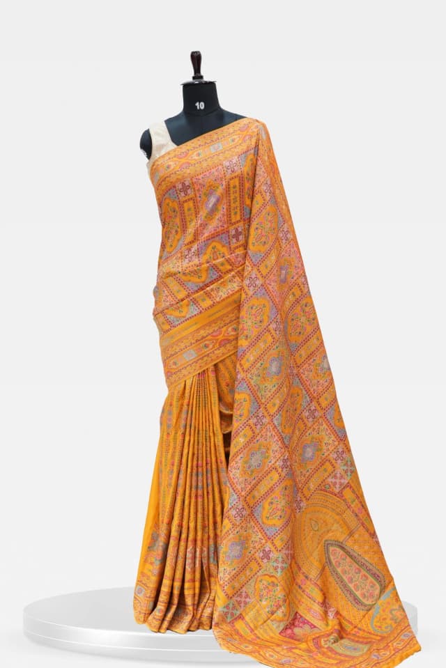 Munga Mustard Yellow Banarasi Silk Saree with Intricate Prints  QS240177