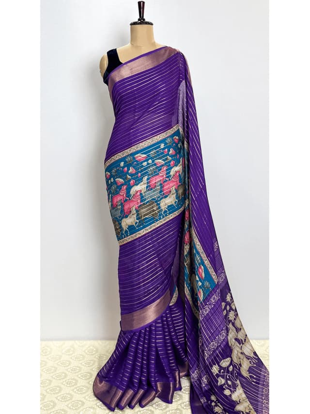 Semi-Crape Stripes & Printed Saree - Purple Colour - QS219295