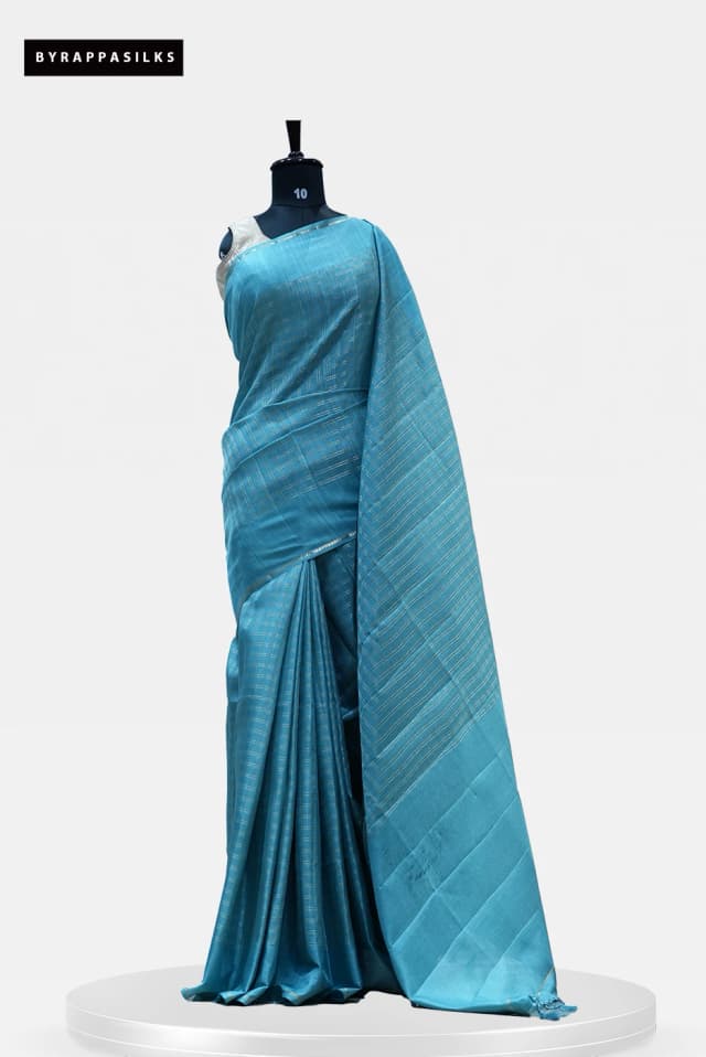 Tussar Saree Light Blue with Contrast Woven Check QS268002