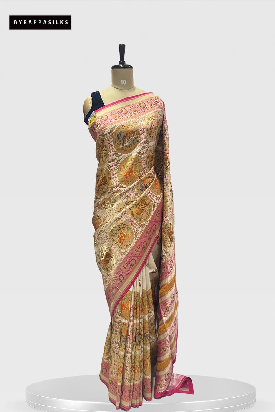 Banarasi Saree Animal Motifs Cream & Pink Border QS286050