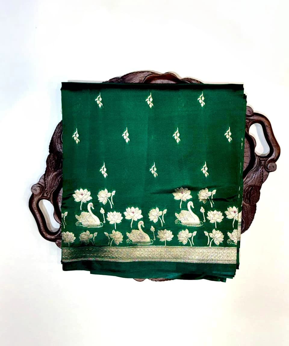 Puna Banarasi Elegant Dark Green Silk Saree with Gold Zari Border QS249829