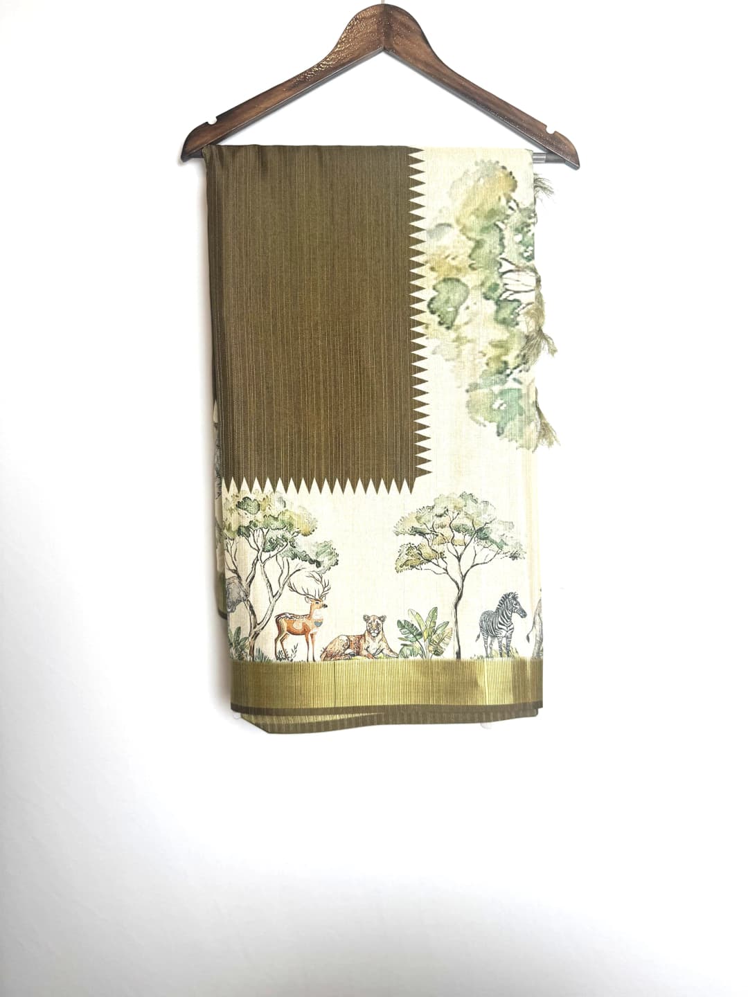 Tussar Saree Olive Green with Jungle Safari Print Pallu QS269976