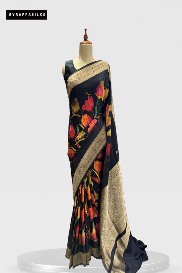 Printed Saree with Zari Pallu Black  QS289820