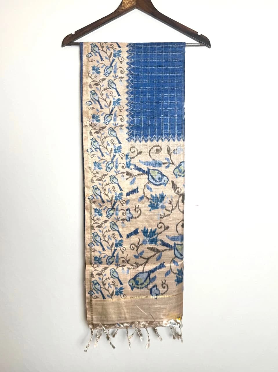 Tussar Saree Blue & Beige With Bird Motif QS269107