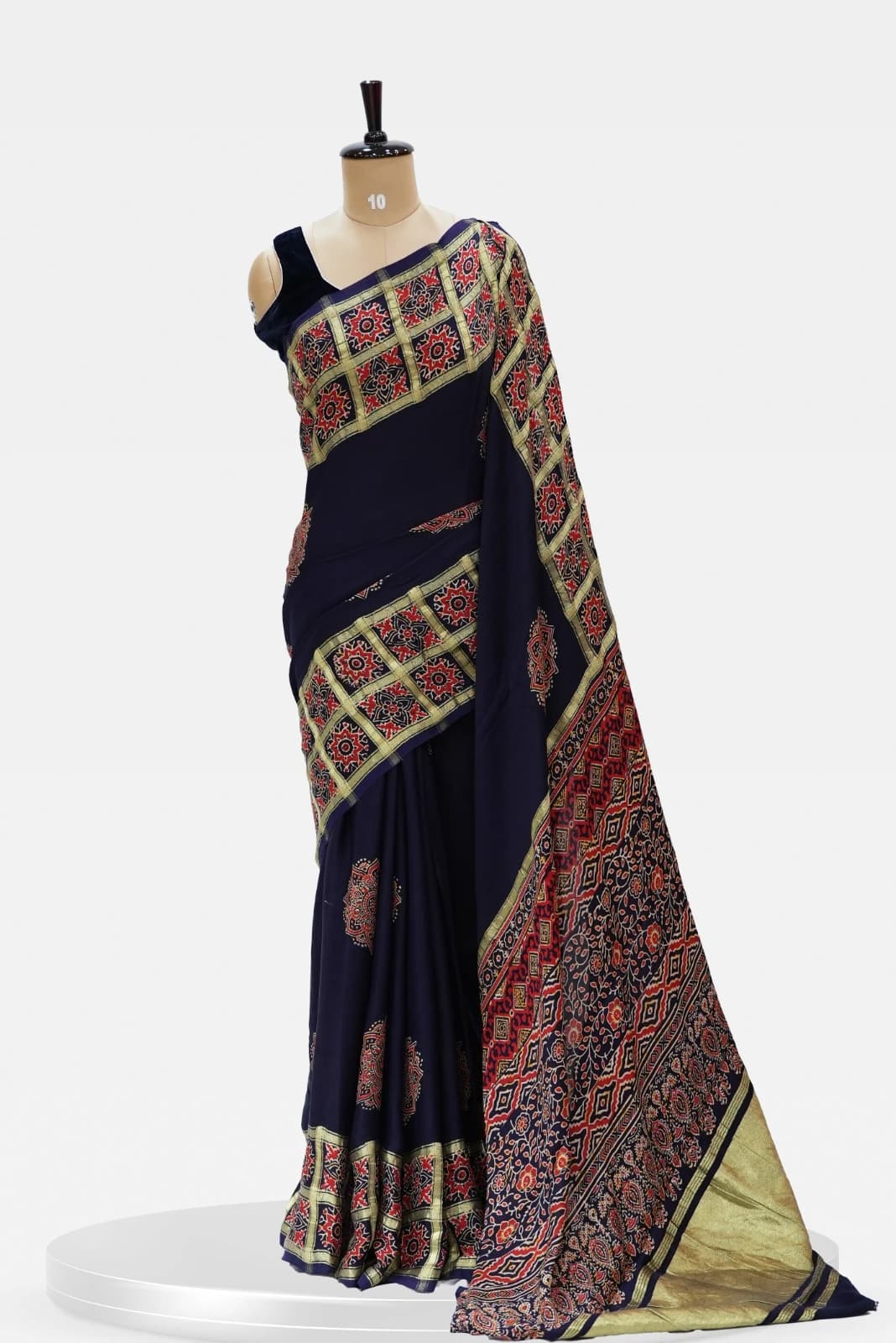 Ajrakh Saree Navy Blue with Geometric and Floral Motifs QS243391