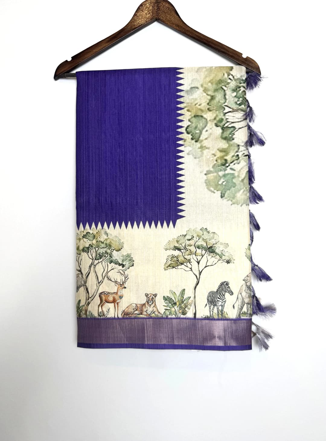 Tussar Saree Royal Blue with Jungle Safari Print Pallu QS269976