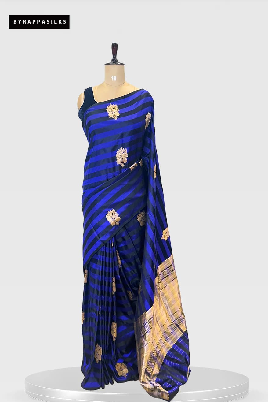 Pure Satin Banarasi Royal Blue & Black Striped Saree QS279682