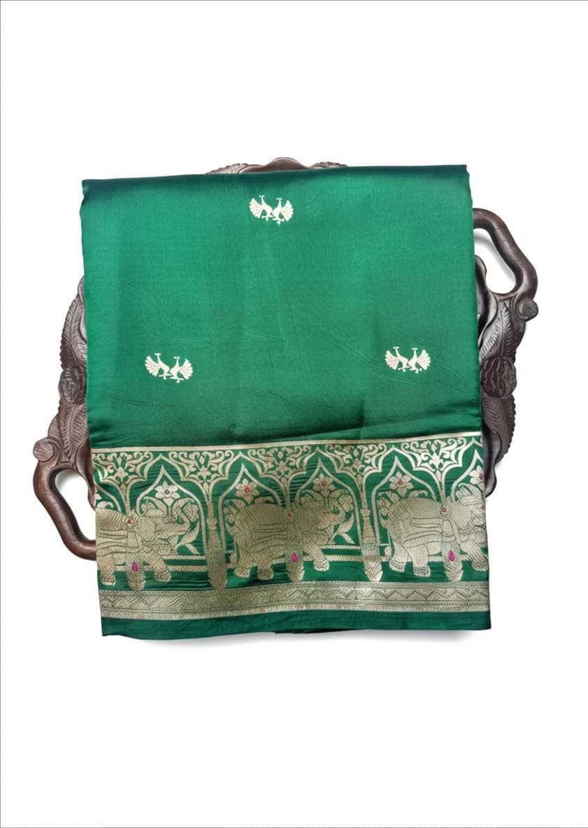 Puna Banarasi Light Green Silk Saree with Elephant Zari Border QS249836