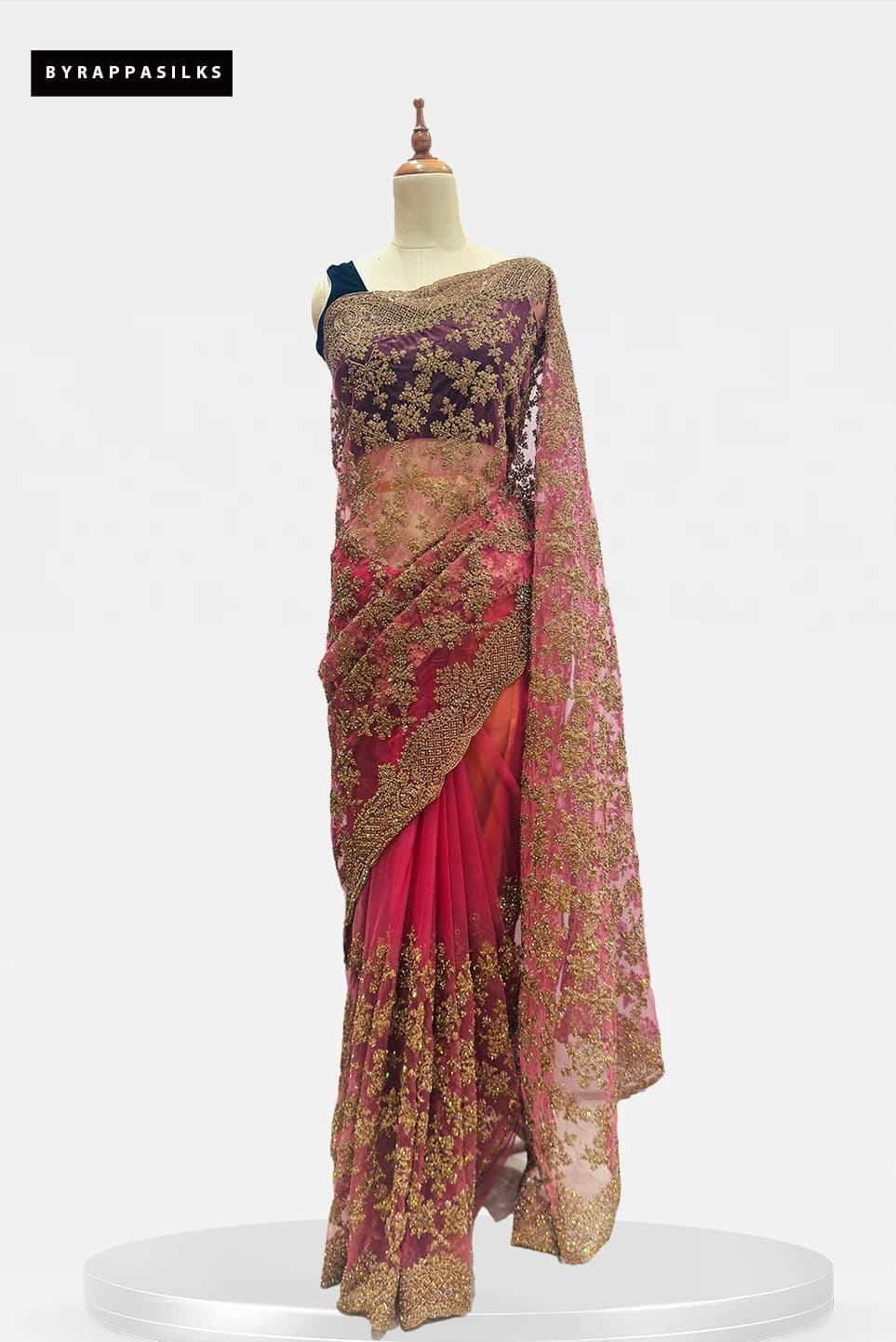 Netted Saree Heavy Work Party Wear Saree Pink & Maroon QS289868