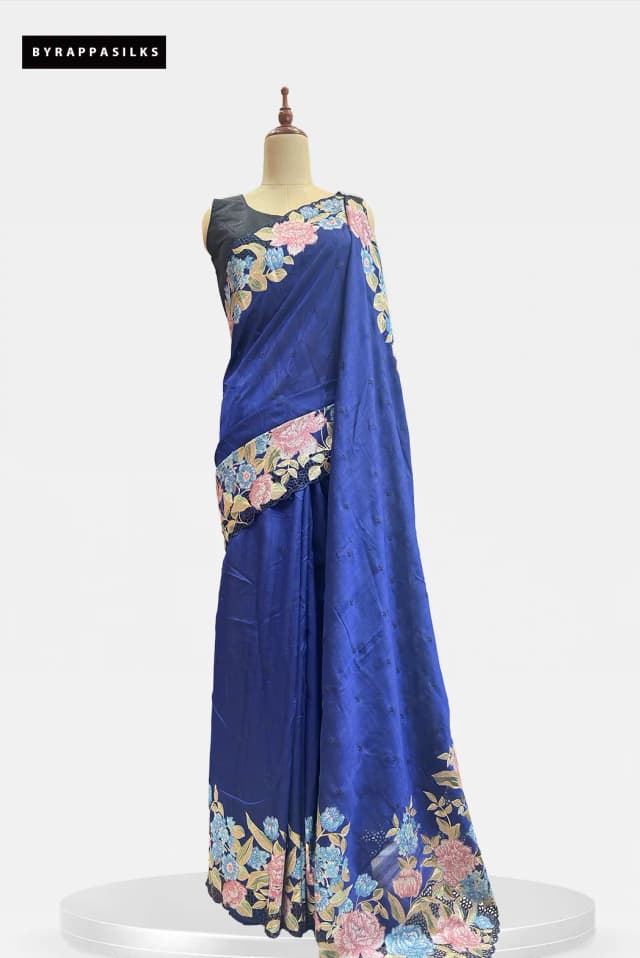 Semi Tussar Saree Floral Embroidery Border Blue Colour QS315123