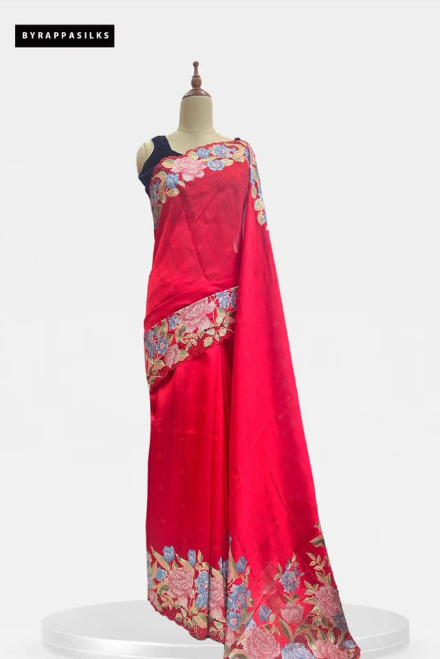 Semi Tussar Saree Floral Embroidery Border Red Colour QS315118