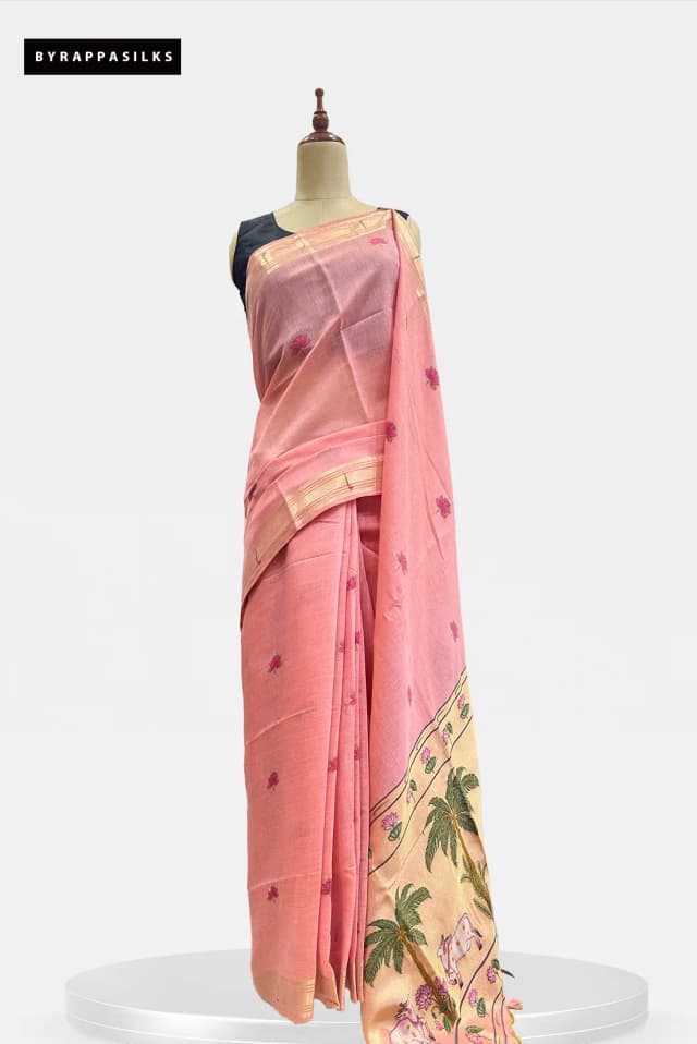 Semi Tussar Saree With Paithani Border Pink Colour QS315402