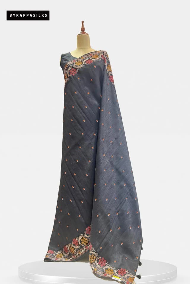 Semi Tussar Saree Floral Buttis Black QS318852