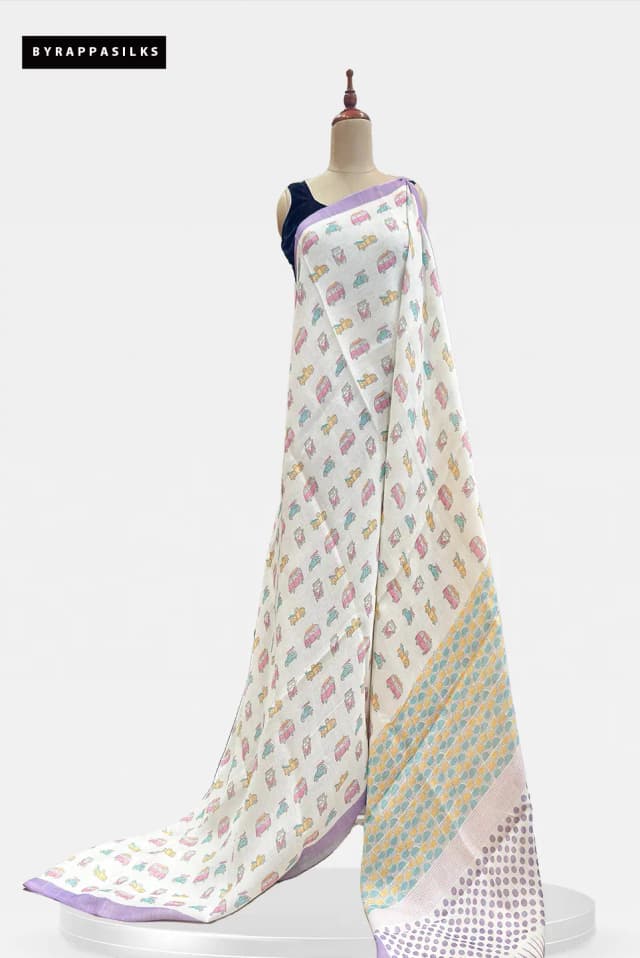 Linen Cotton Saree Quirky Car Print Off White QS311939