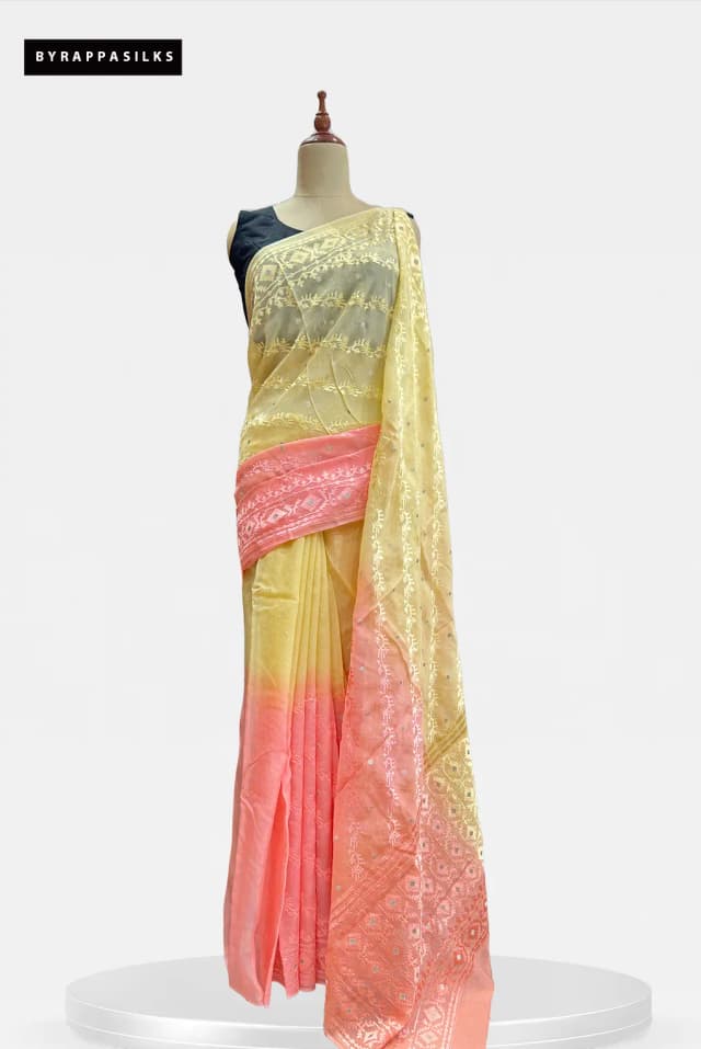 Pure Organza Chikankari Floral Yellow & Peach QS306206