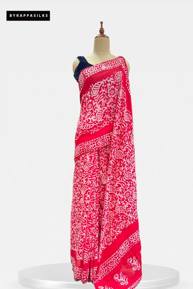 Mul Cotton Saree Block Batik Red AA206575
