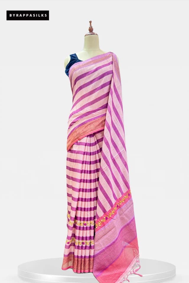 Semi Tussar Saree Hand Work Vibrant Pink & Purple Striped QS304130