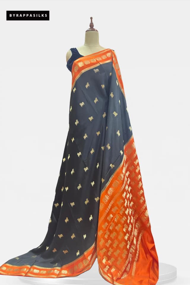 Crape Silk Saree Black & Orange AA207703