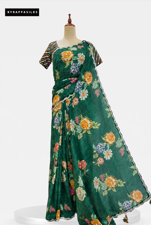 Printed Crape Saree Green With Ready Blouse QS319232