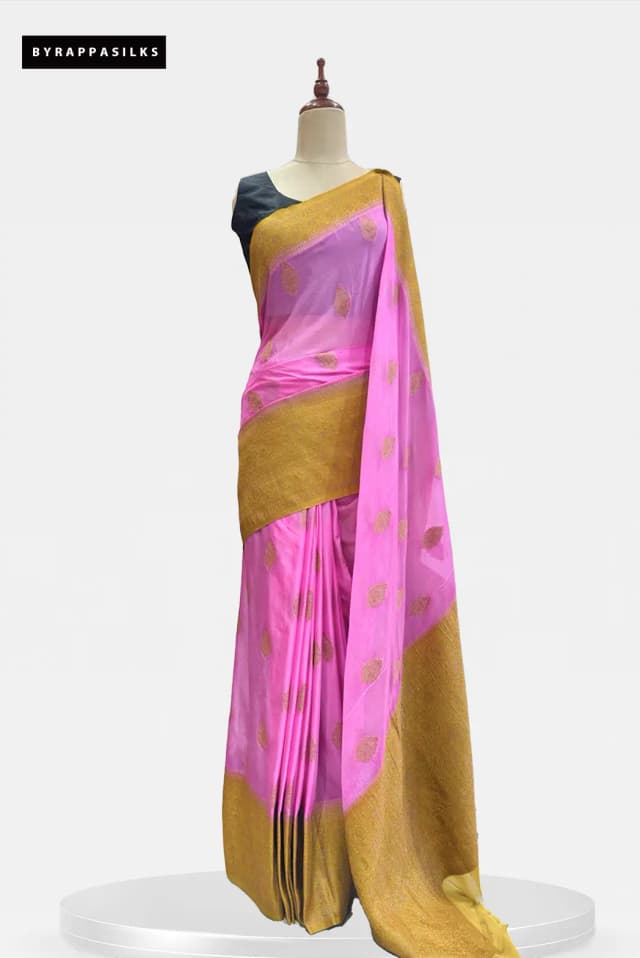 Chiffon Saree Pink With Mustard Yellow AA212183