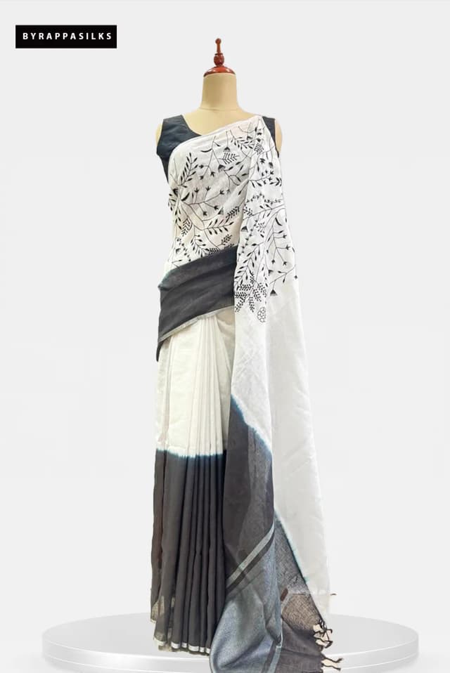 Linen Cotton Saree White With Black AA300350