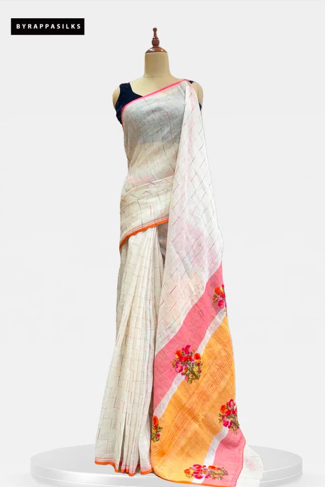 Linen Geometric Print Floral Embroidery Saree AA213800