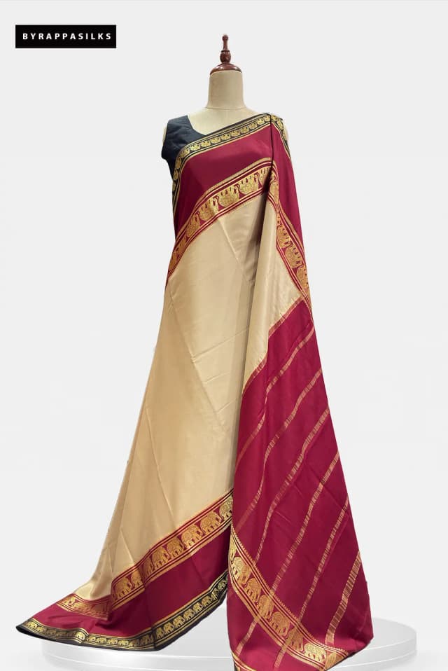 Pure Mysore Silk Saree Cream & Maroon AA306482