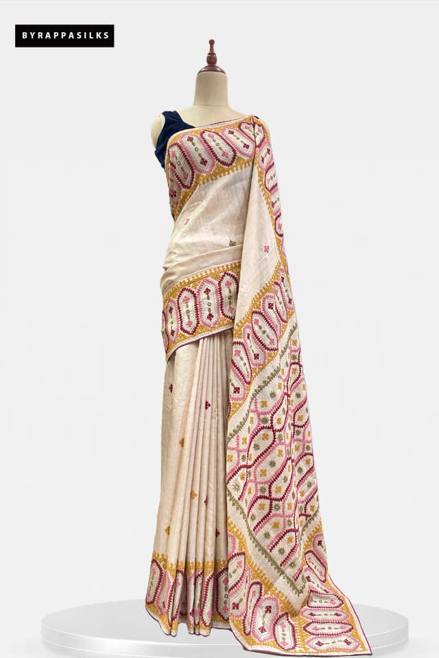 Pure Tussar Saree Kutch Work Beige QS304756