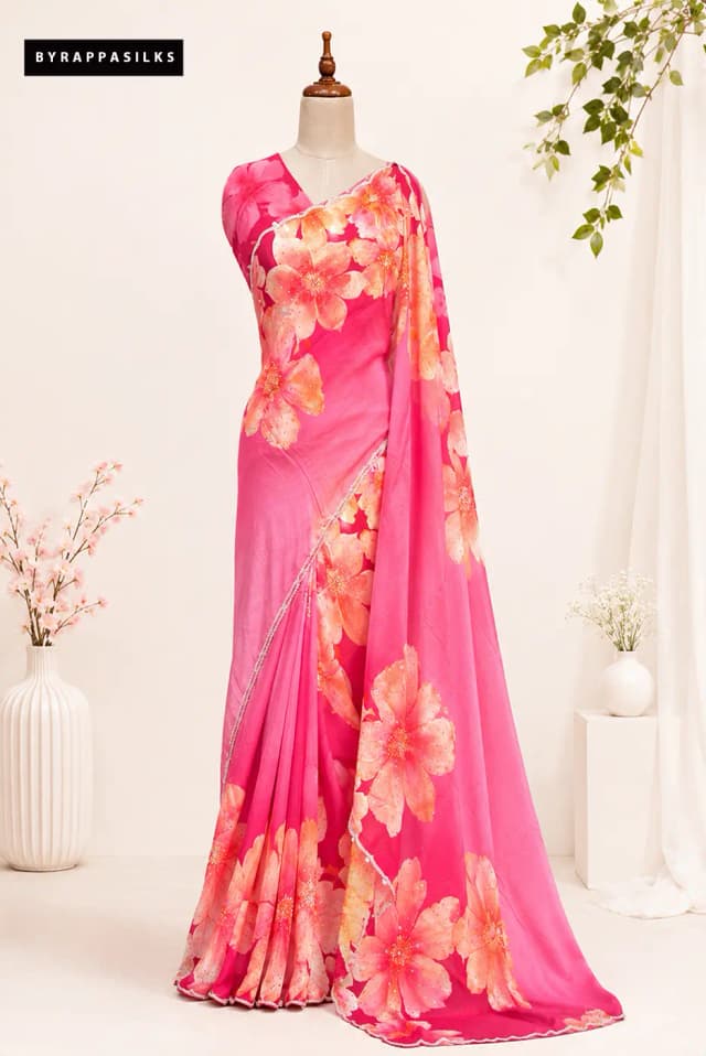 Floral Printed Crape Saree Pink QS310873
