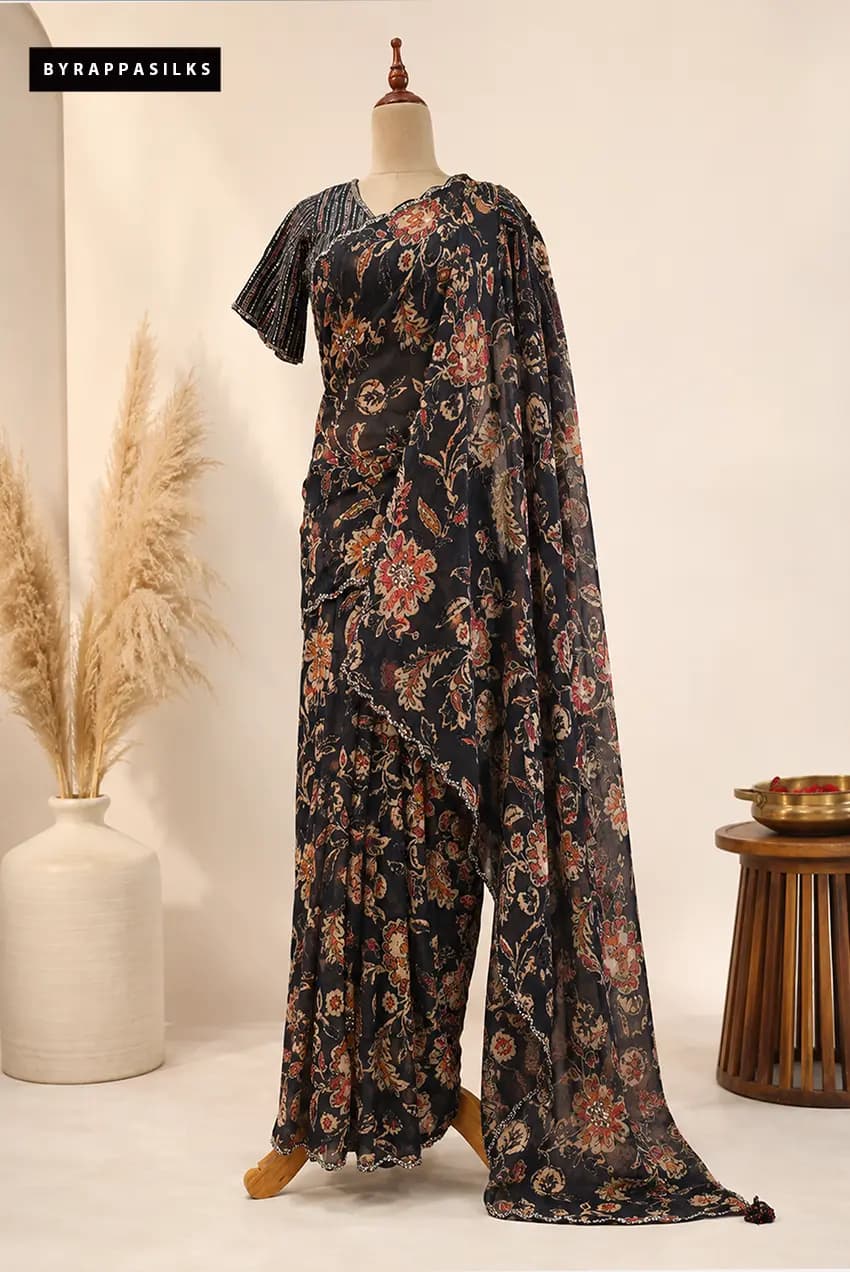 Printed Crape Saree Black With Ready Blouse AA310947