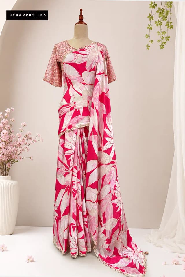 Printed Crape Saree Pink Floral With Ready Blouse AA310947