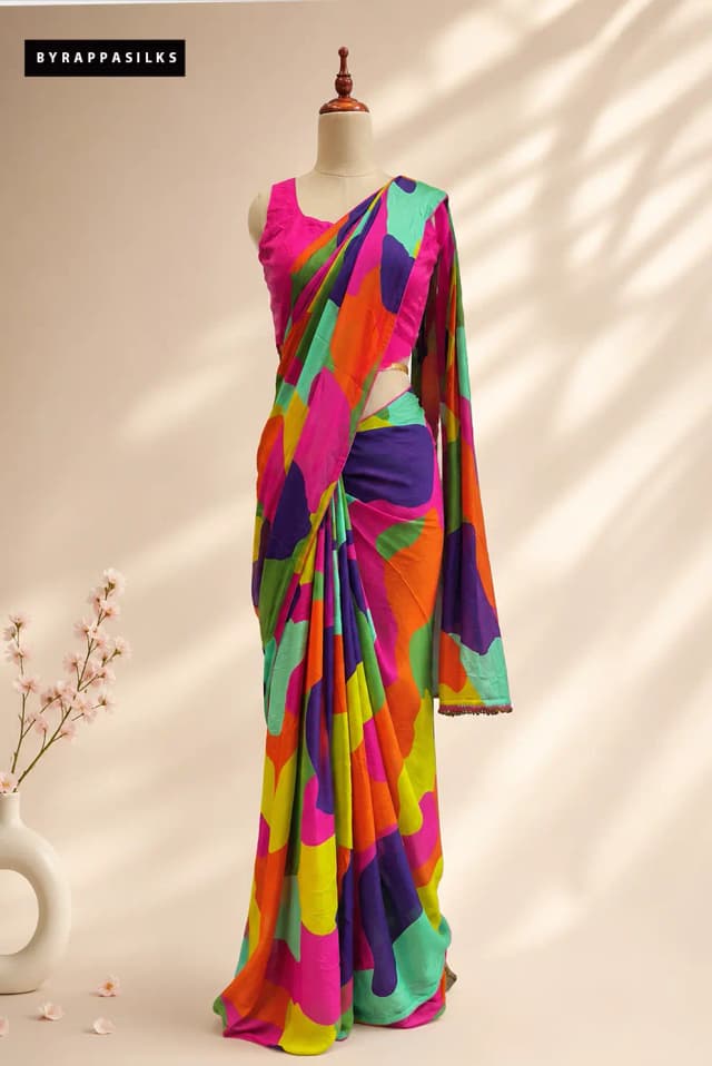 Multicolour Abstract Print Saree with 2 Designer Blouses Pink Mirror Work Blouse & Matching Blouse AA311090