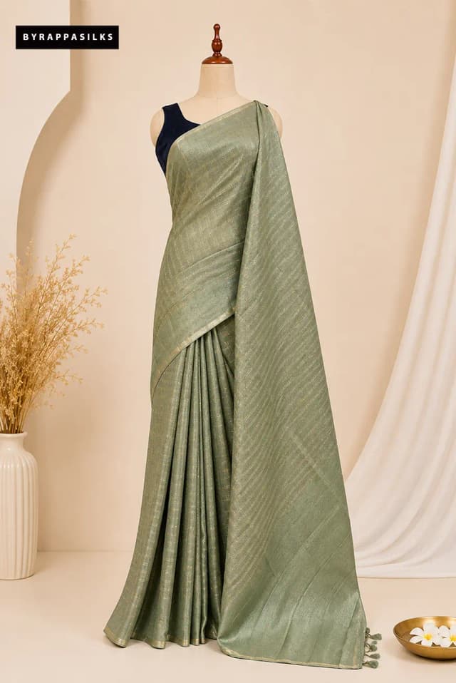 Semi Tussar Saree with Contrast Woven Check Olive Green QS268002