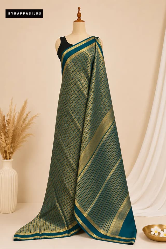 Pure Mysore Silk Saree Dark Teal Green With Gold Zari AA313636