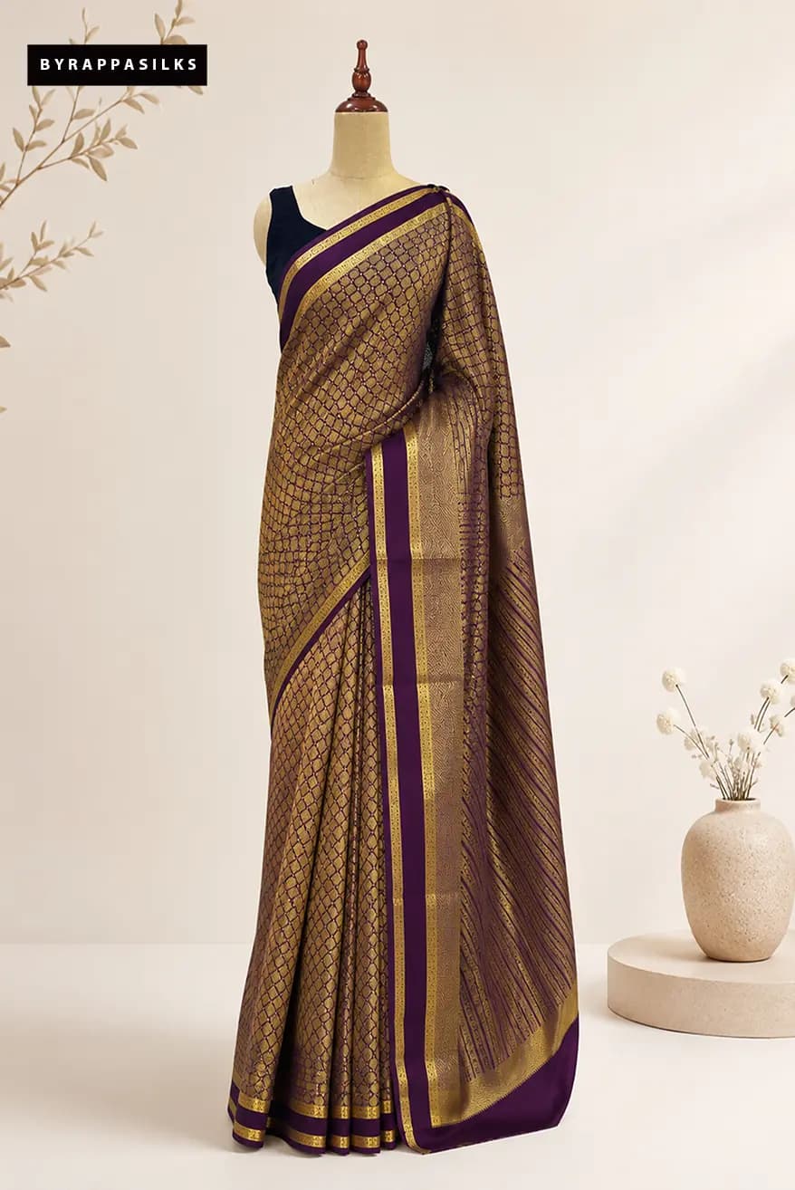 Pure Mysore Silk Saree Royal Purple With Gold Zari AA313636