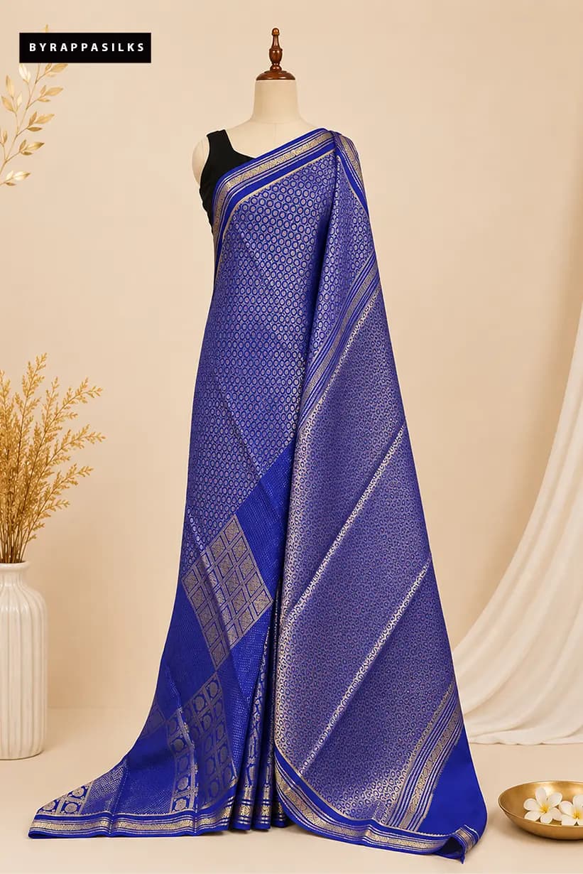 Pure Mysore Silk Saree Royal Blue With Gold Zari AA313515